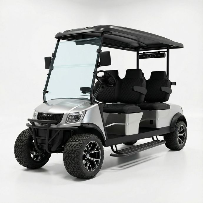 Silver golf cart with black roof, seats, and large wheels.