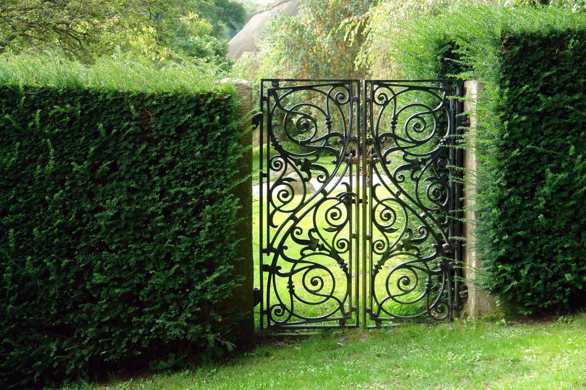 black decorative wrought iron garden gate in Massachusetts