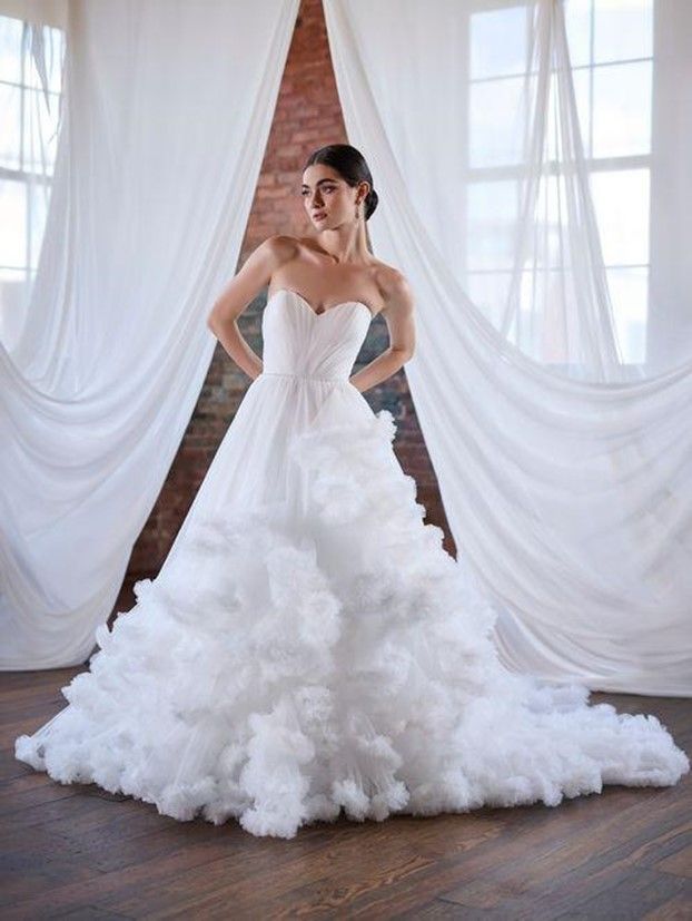 A woman in a white wedding dress is standing in front of a white curtain - Salina, KS - Princess & Penguin Formalwear