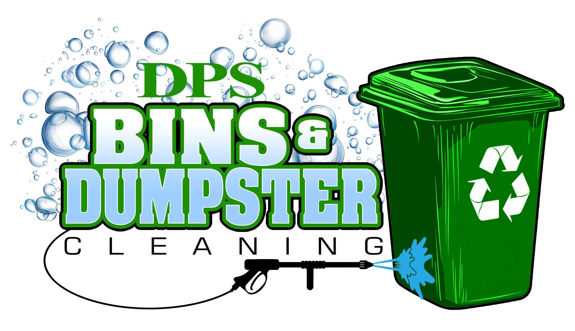 The logo for dps bins & dumpster cleaning shows a green trash can with a recycling symbol on it.