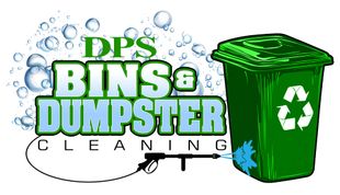 The logo for dps bins & dumpster cleaning shows a green trash can with a recycling symbol on it.