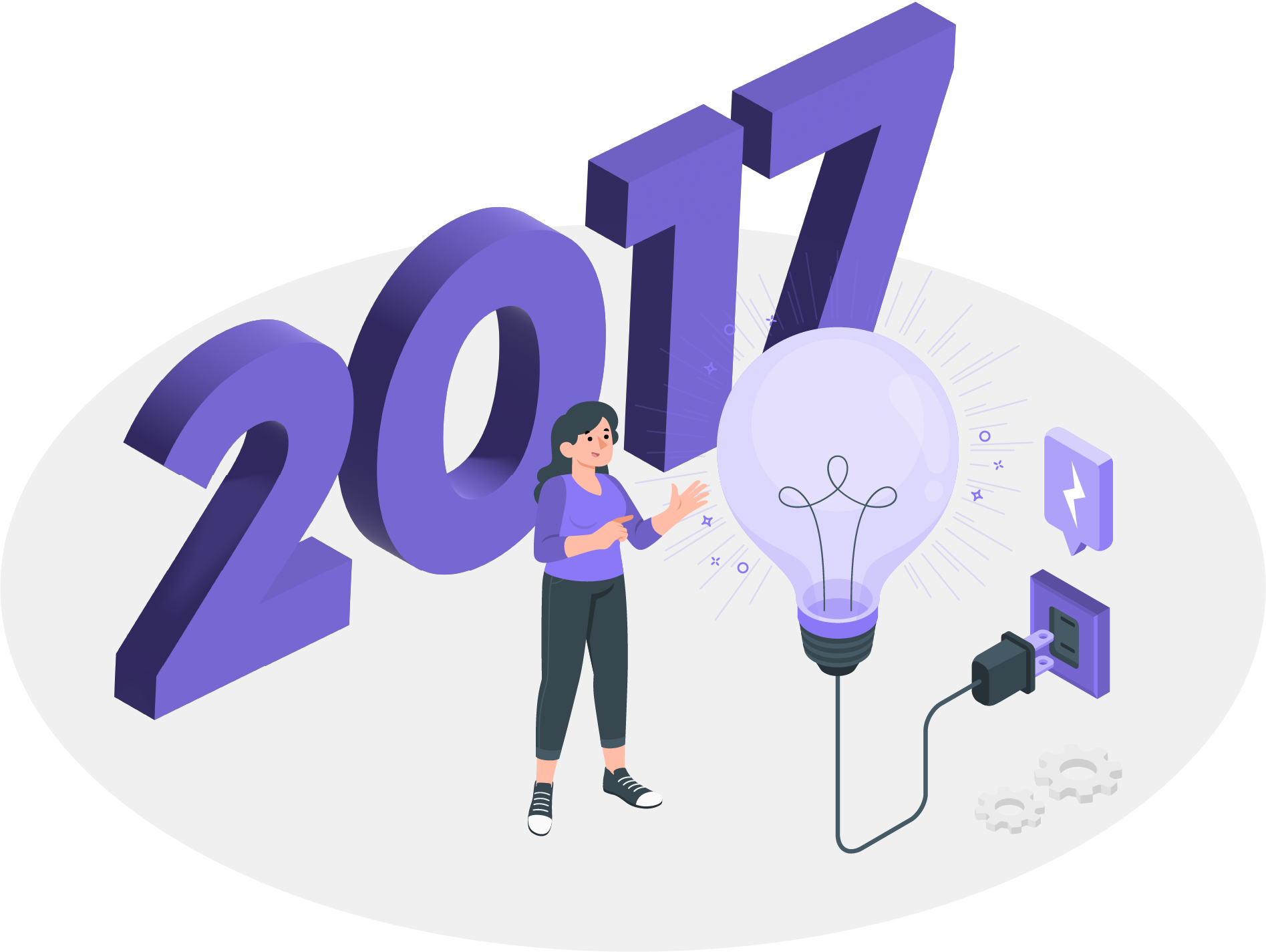 A woman is standing next to a large purple number that says 2017.