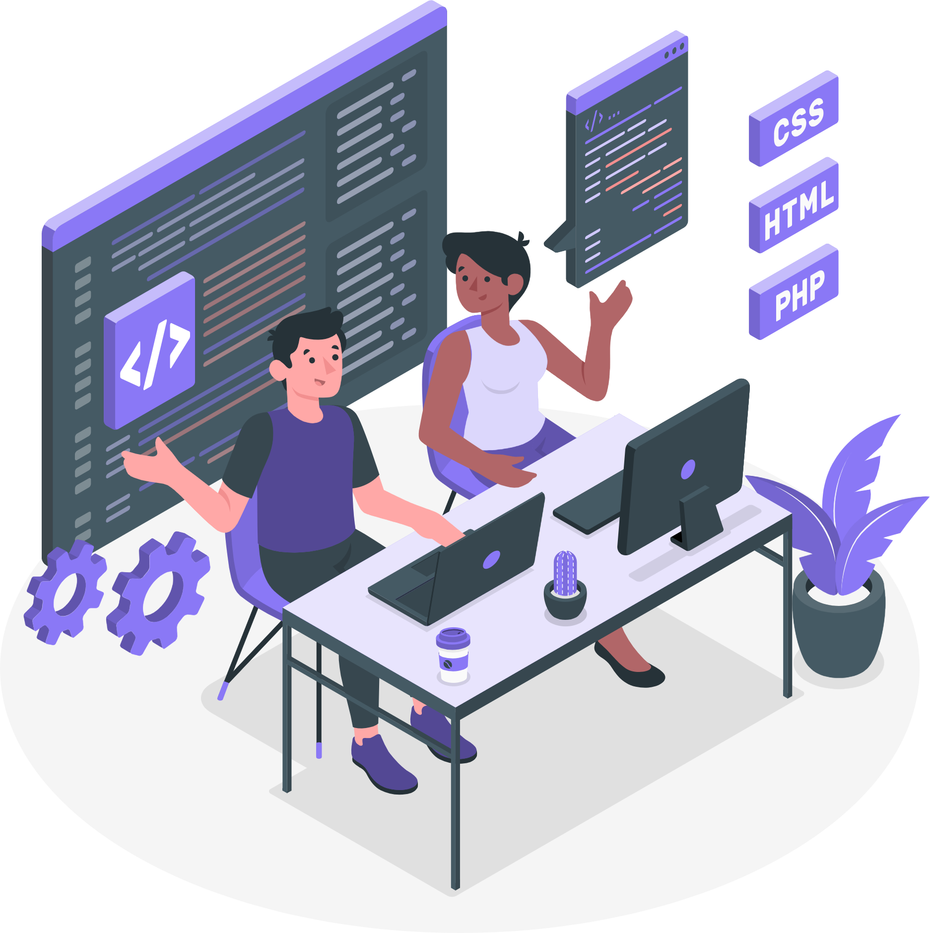 A man and a woman are sitting at a desk working on computers.