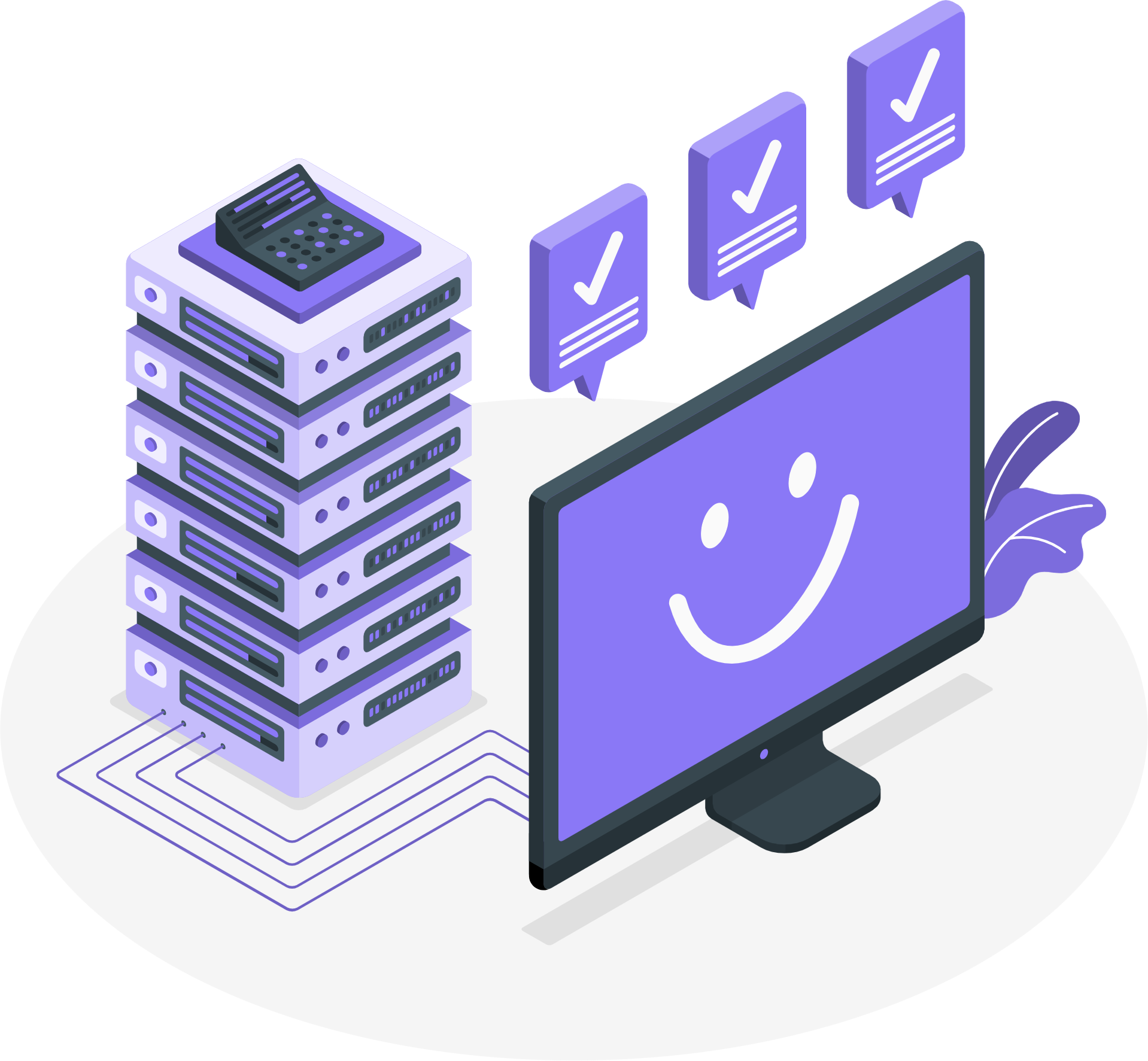 An isometric illustration of a computer with a smiley face on the screen.