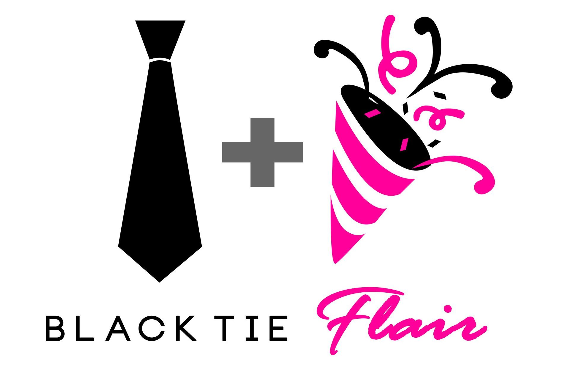 A black tie and a pink confetti are on a white background.