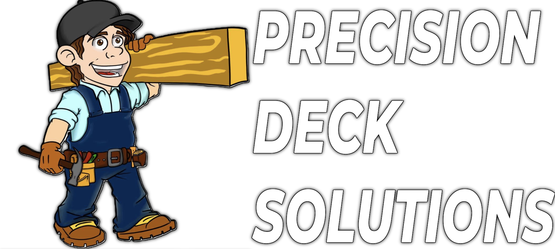 Cartoon worker holding a wood plank beside the text &ldquo;Precision Deck Solutions&rdquo;