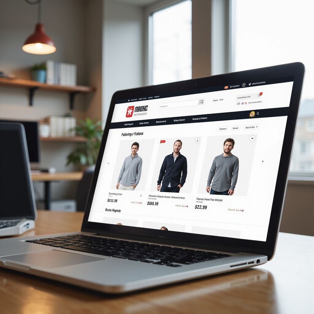 Laptop displaying an online clothing store. Three men modeling shirts. Interior office with natural light.