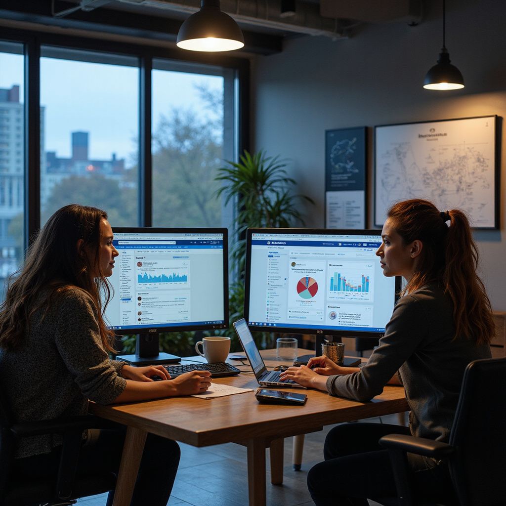 Two women working collaboratively at a desk with computers, analyzing data in an office setting.