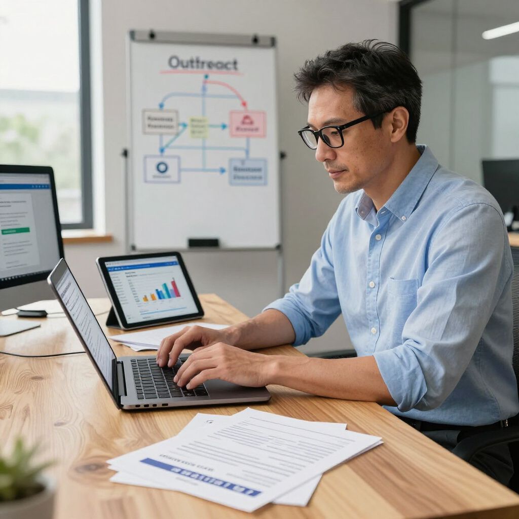 Man working at desk with laptop, tablet, and papers, looking at computer screen. Whiteboard in background.