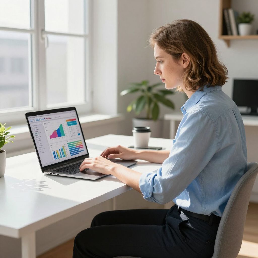 Woman working on laptop, viewing graphs and charts at a desk in a well-lit home office.