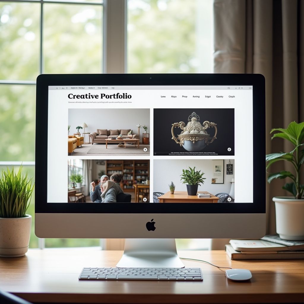 Apple desktop computer displaying a creative portfolio website with four image previews.
