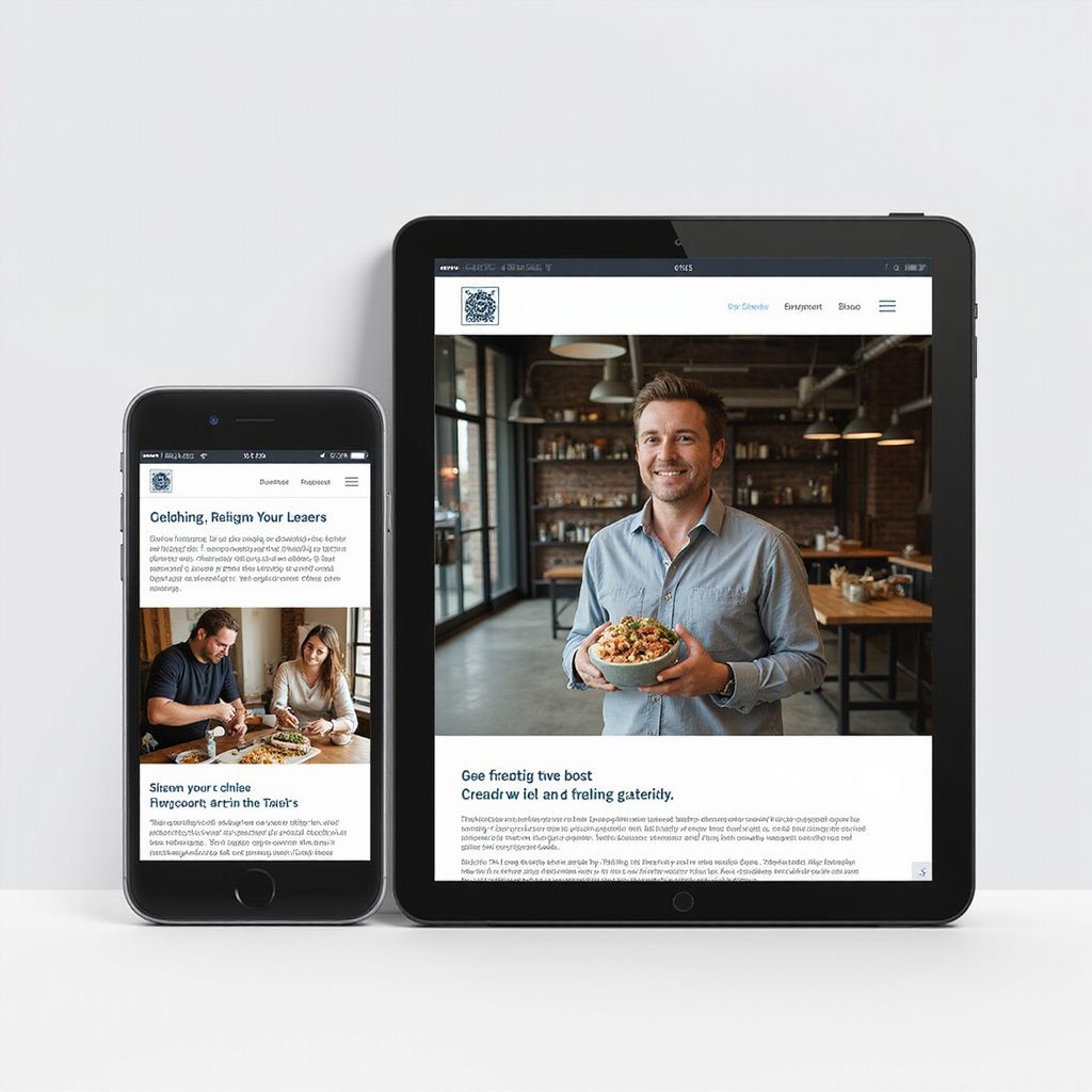 Smartphone and tablet with a website about cooking and a man holding food.
