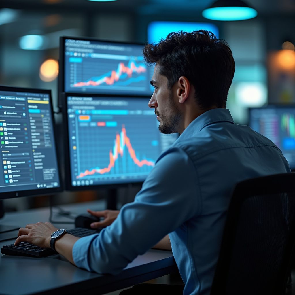 Man in blue shirt, monitoring stock market graphs on multiple computer screens in a dark office.