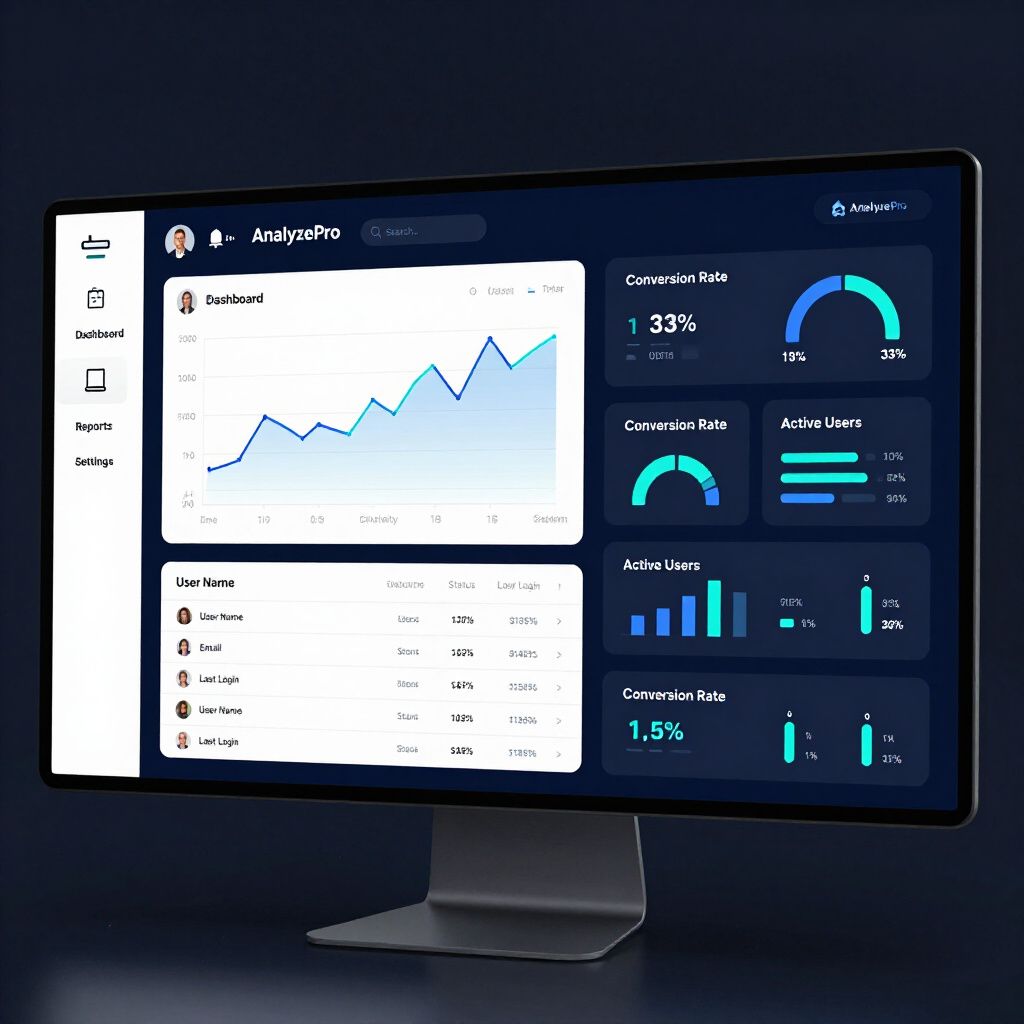 Dark-themed dashboard on a computer screen displaying analytics: graphs, charts, and user data.