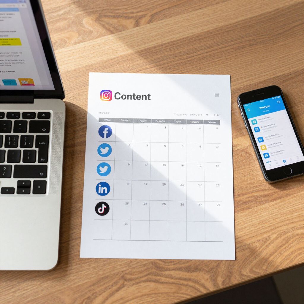 Laptop, phone, and Instagram content calendar on a wooden desk. Calendar lists Facebook, Twitter, LinkedIn, and TikTok.