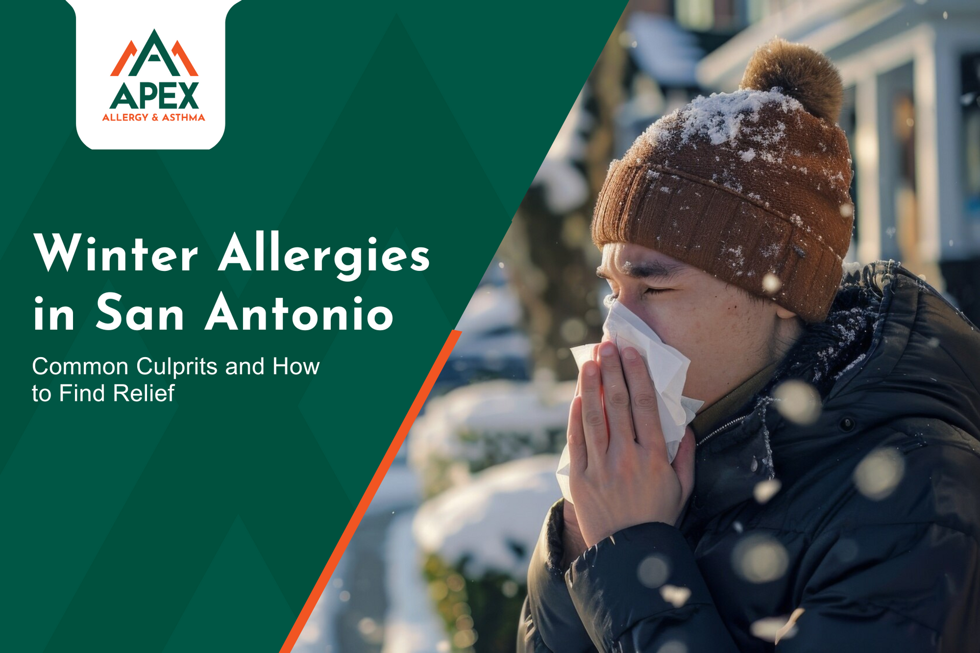 A man standing on a sidewalk blows his nose as his winter allergies flare up.