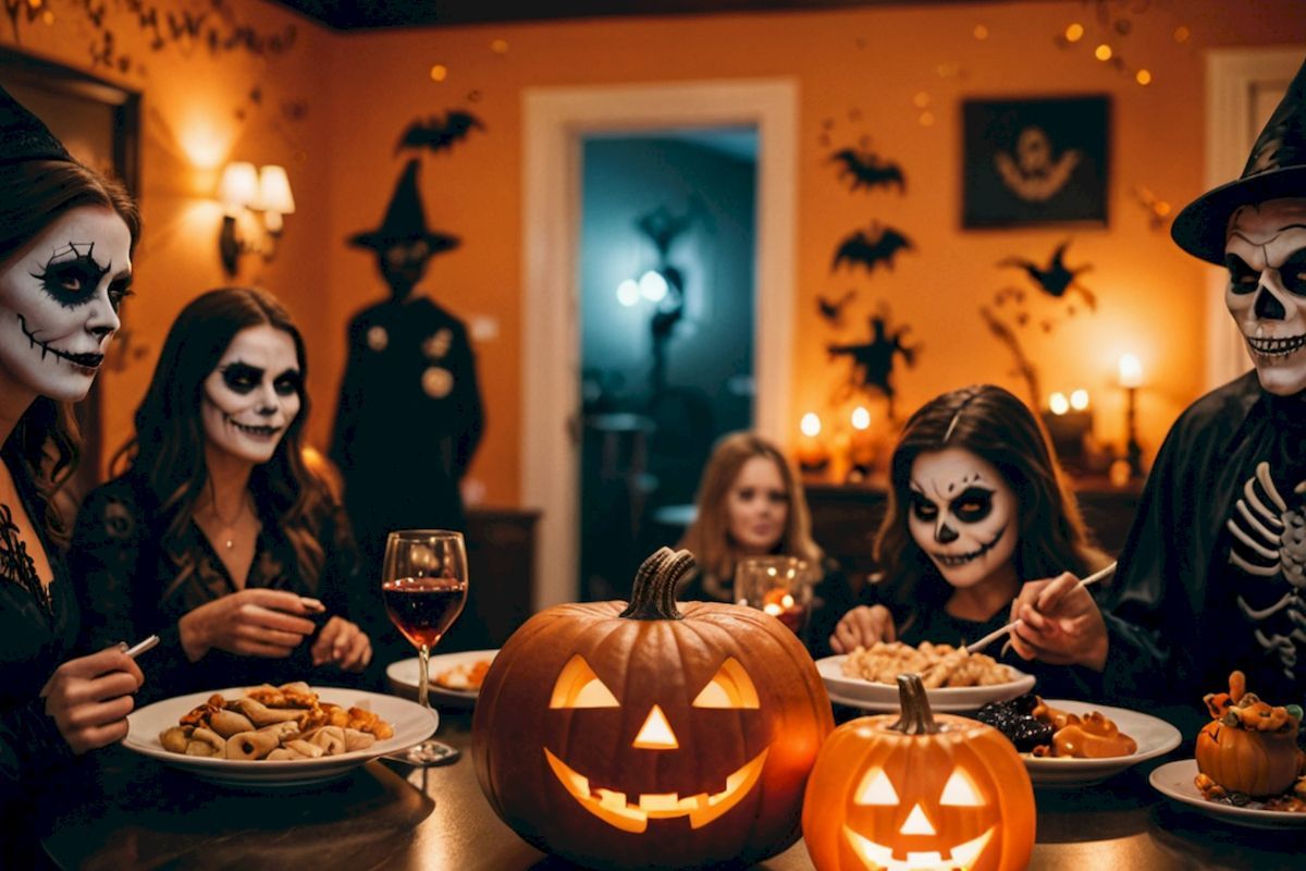 A group of friends dressed in scary costumes enjoying a Halloween dinner