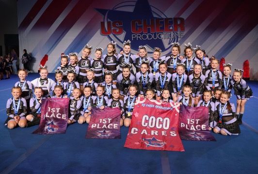 A group of cheerleaders posing for a picture with a banner that says coco cares