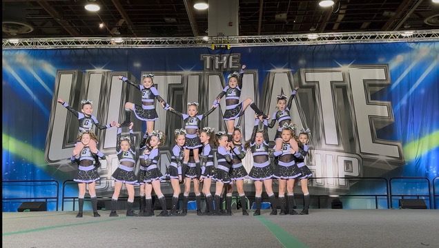 A group of cheerleaders are standing in front of a banner that says the ultimate