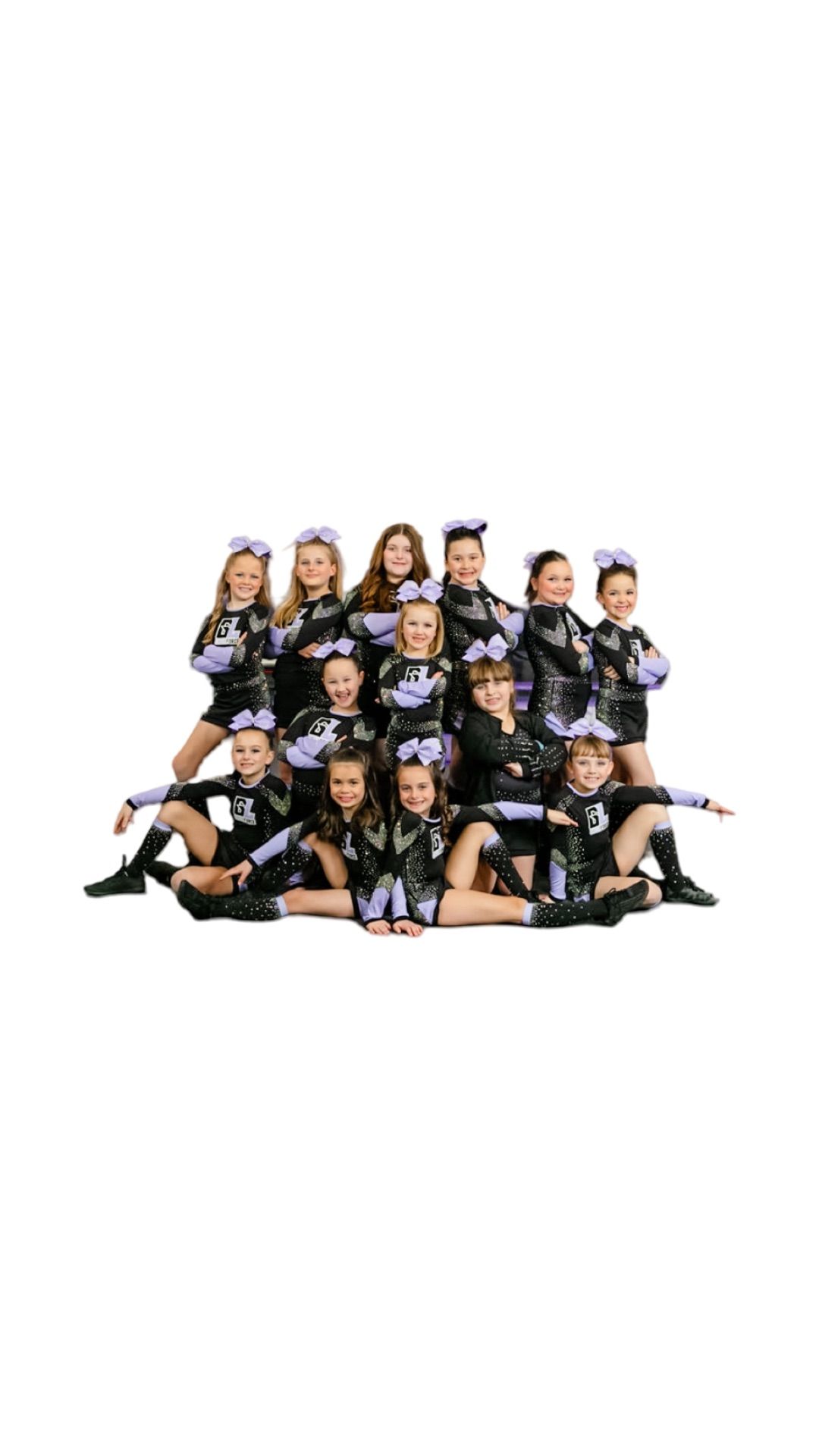 A group of cheerleaders are posing for a picture on a white background.