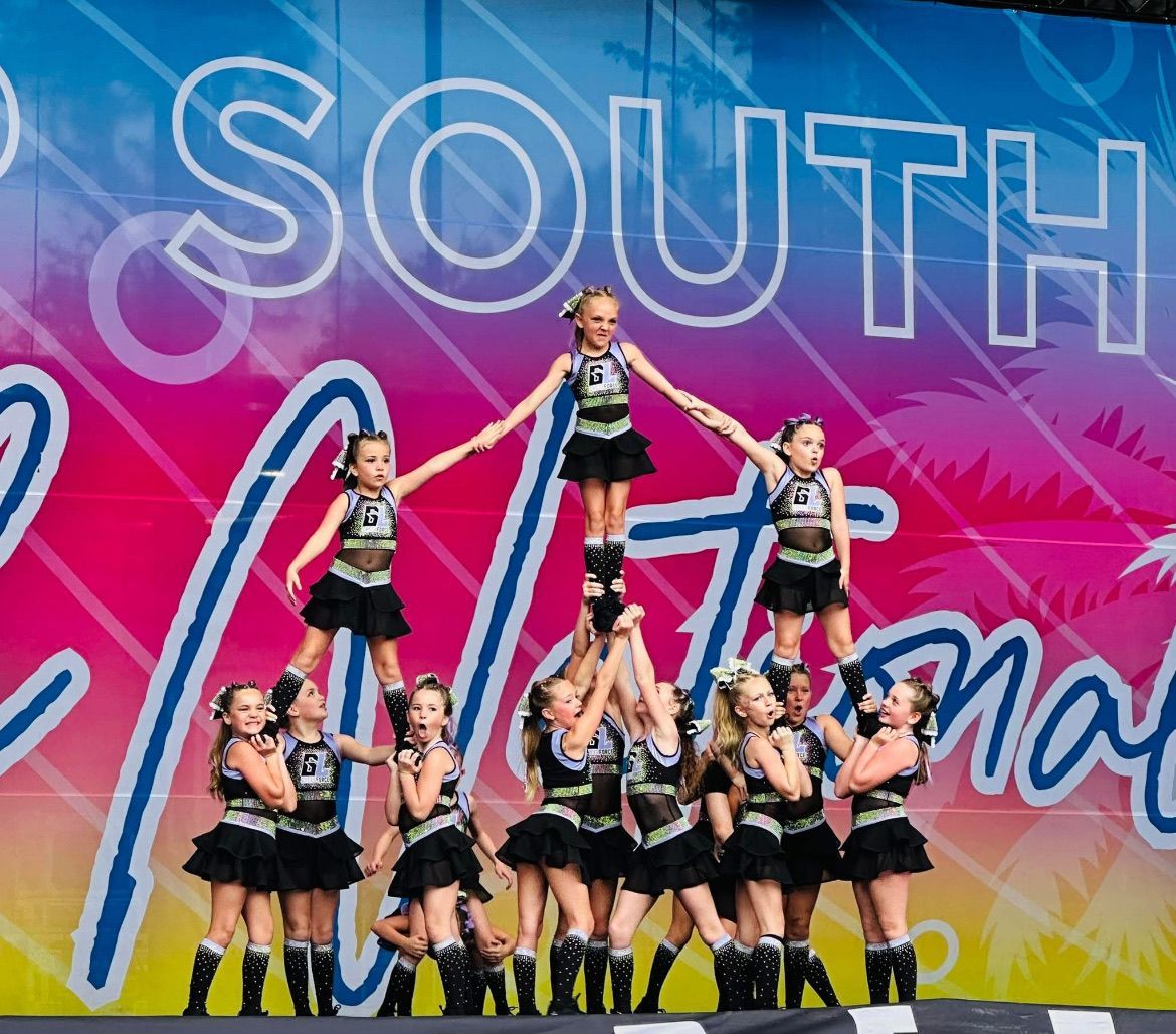 A group of cheerleaders are performing in front of a sign that says south