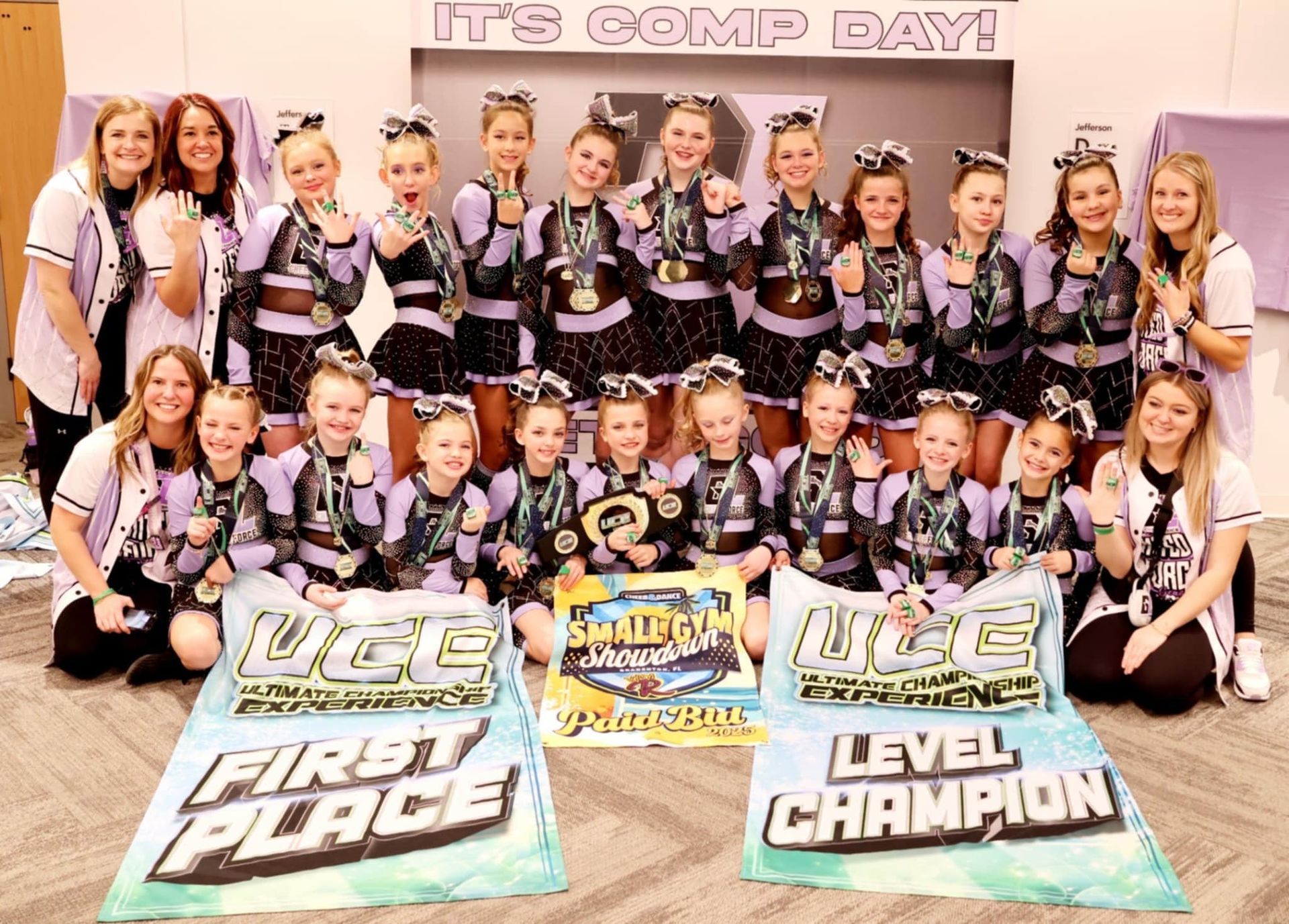 A group of cheerleaders are posing for a picture.