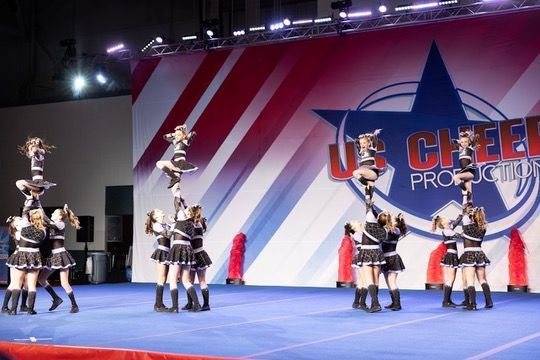 A group of cheerleaders are performing in front of a us cheer production sign