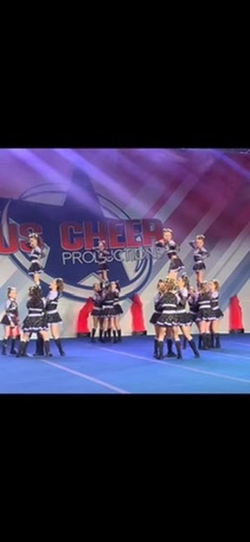 A group of cheerleaders are performing on a stage.