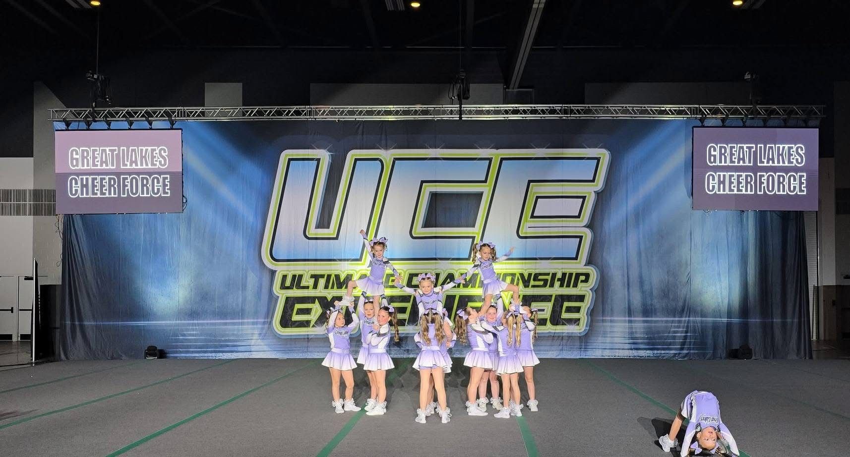 A group of cheerleaders are performing in front of a large ucsd banner