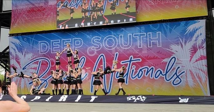 A group of cheerleaders are performing on a stage.