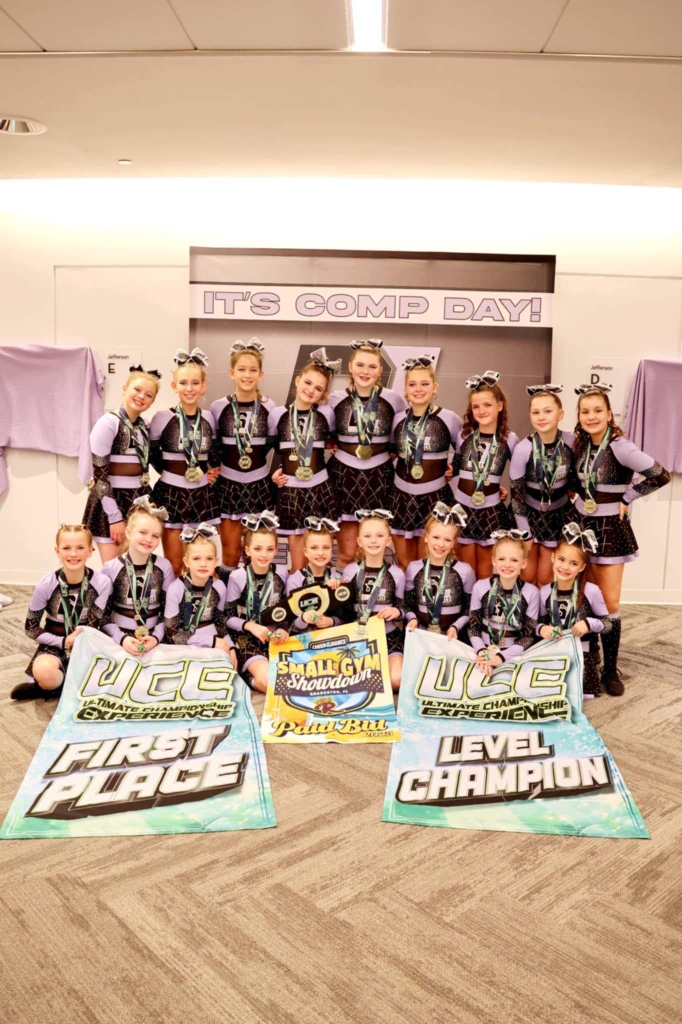 A group of cheerleaders are posing for a picture in a room.