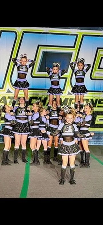 A group of cheerleaders are posing for a picture in front of a sign.
