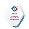 Badge: AASW logo, Accredited Mental Health Social Worker, blue and red geometric design.