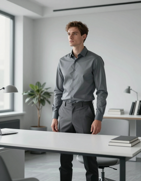 Professional at a standing desk in a modern minimal office