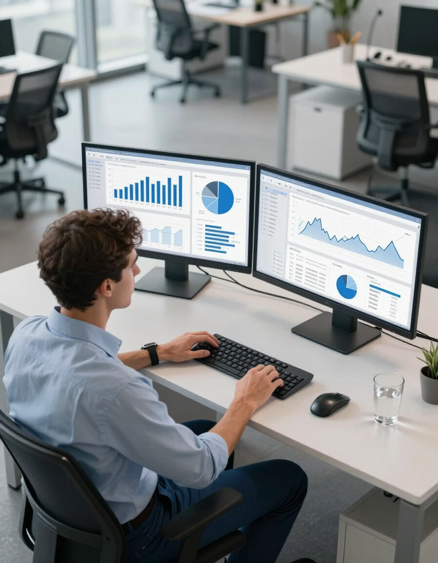 Business analyst reviewing dashboard charts on dual monitors