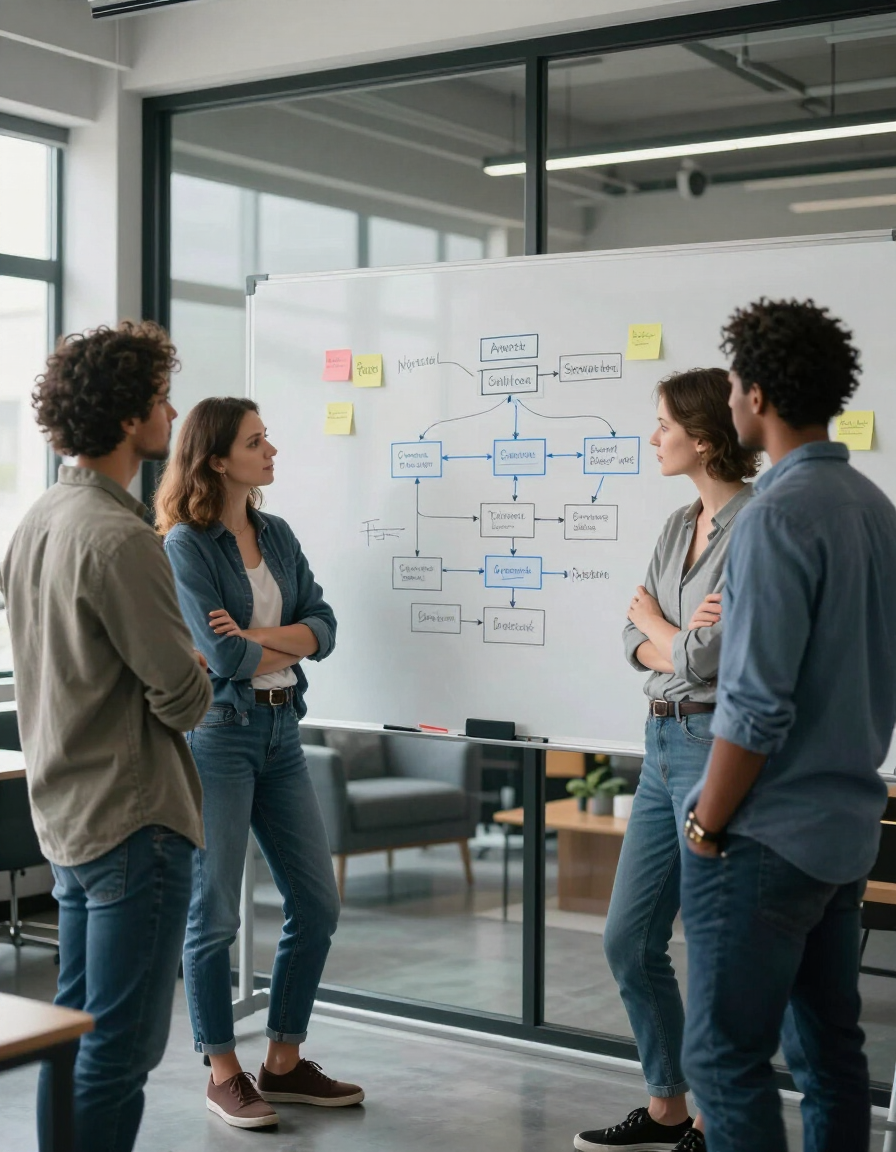 Startup team around a whiteboard with system architecture diagrams