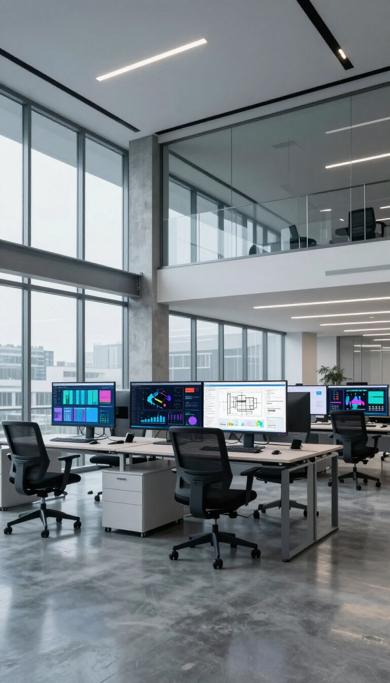 Modern tech workspace with data dashboards