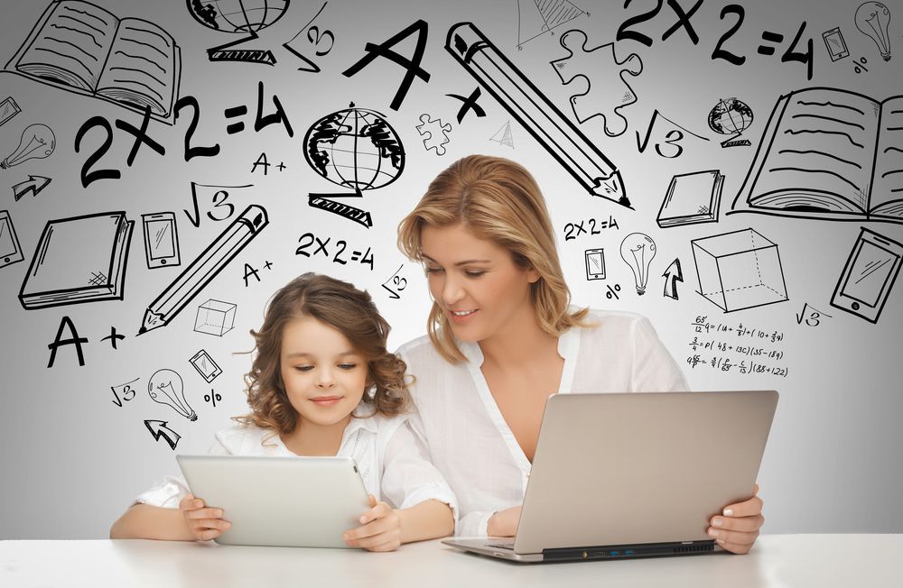Woman And Girl Using A Laptop And Tablet, Surrounded By Drawn School — Shane Kelly Communications in Northern Rivers, NSW