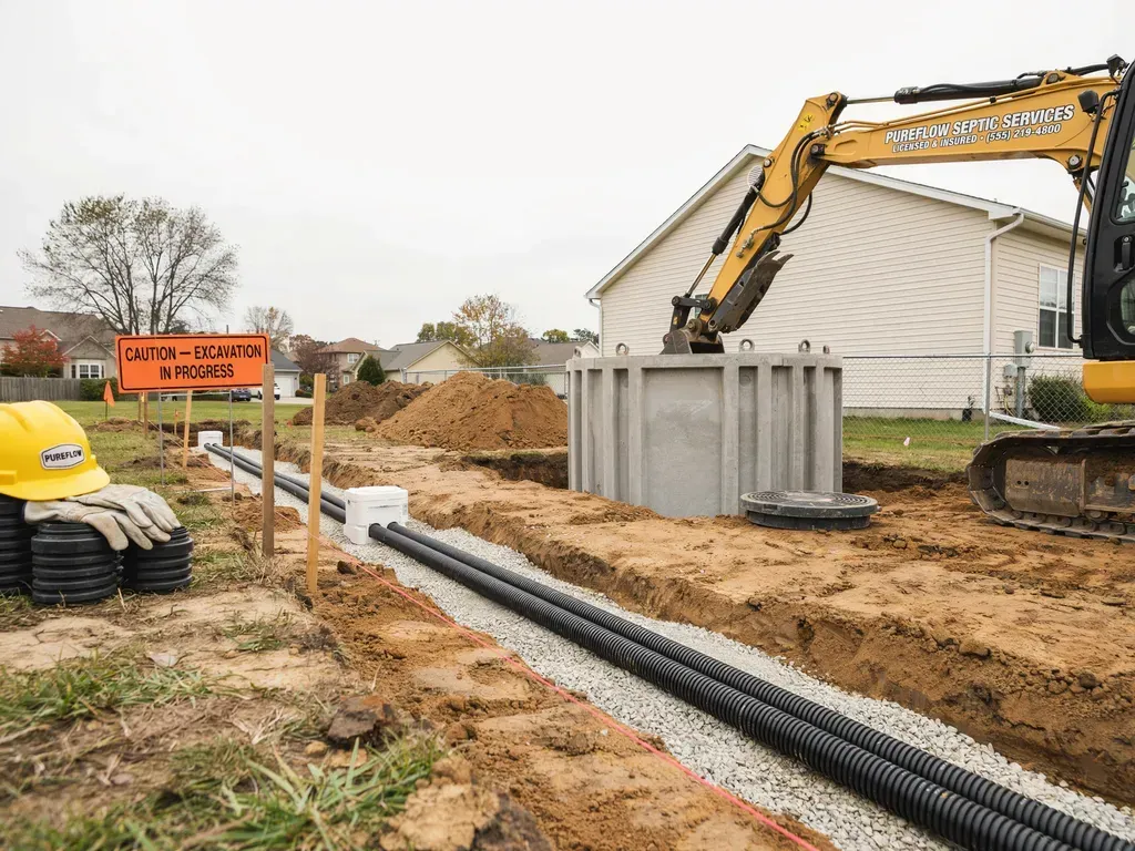 Roadwork site with excavator, utility trench, and warning sign along a residential street