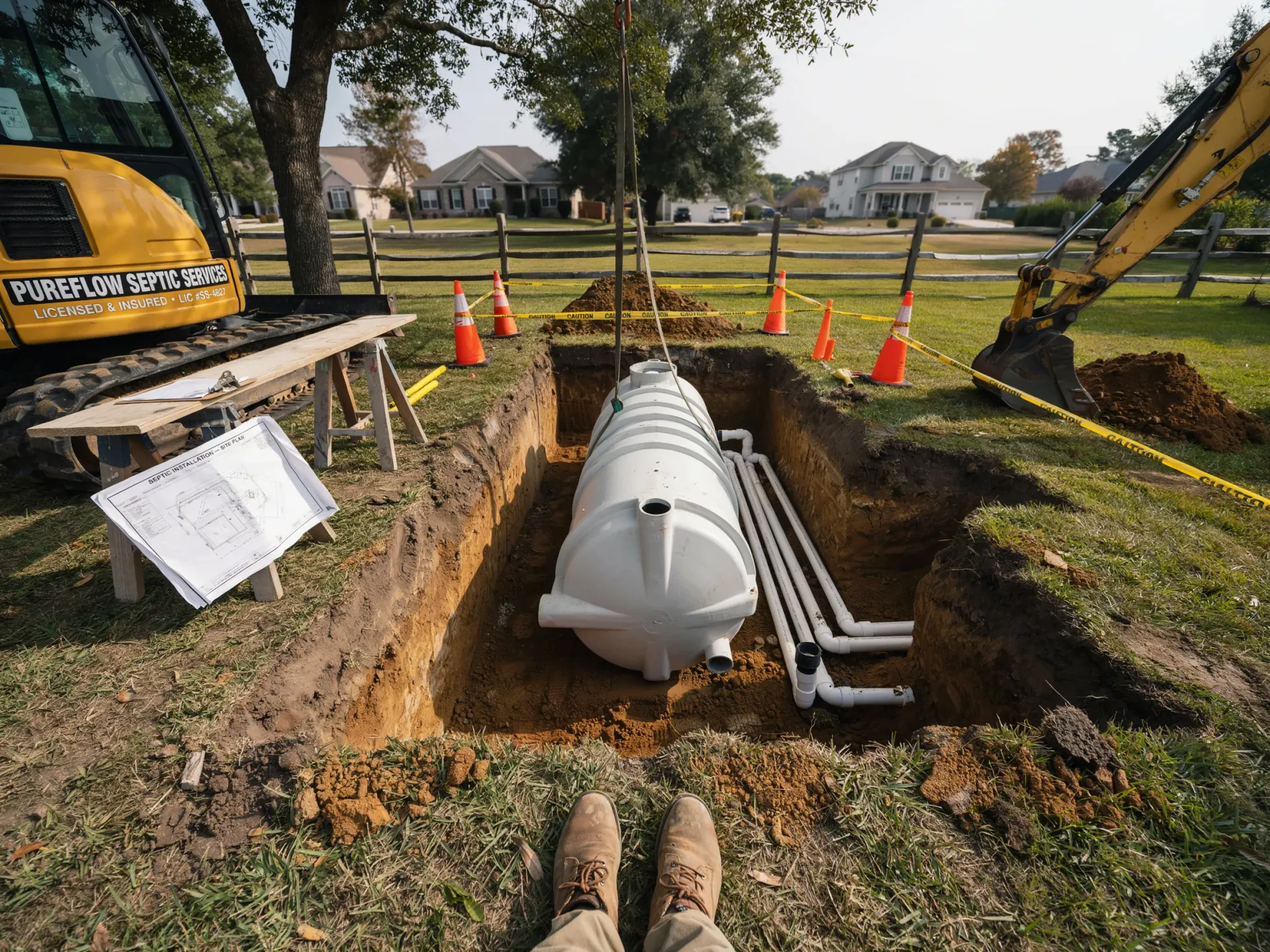 Workers installing underground septic tank at a construction site, with orange cones and excavator nearby