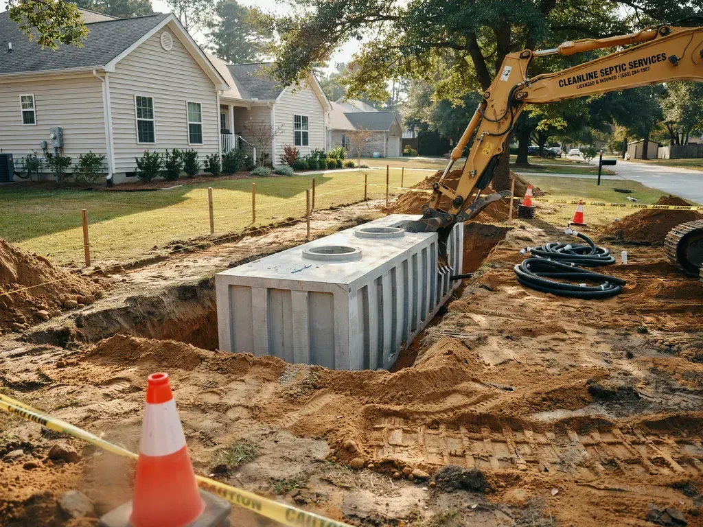 Excavator installing a large underground tank in a residential yard, with orange cones and caution tape.