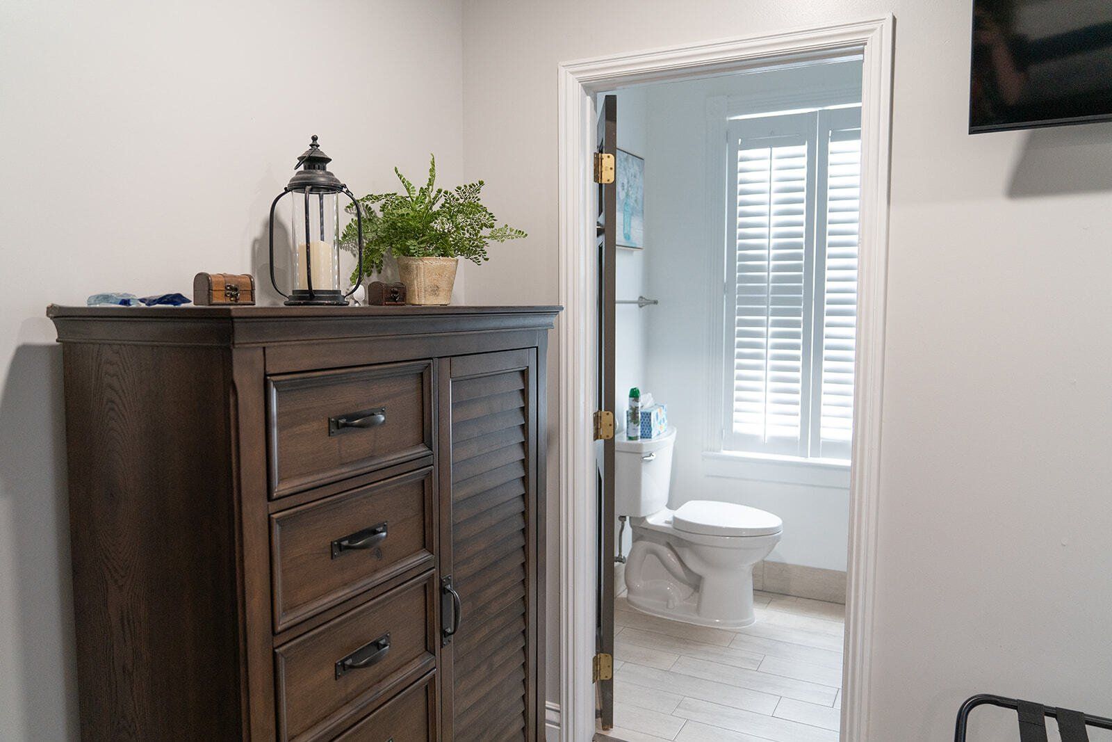 dresser and bathroom