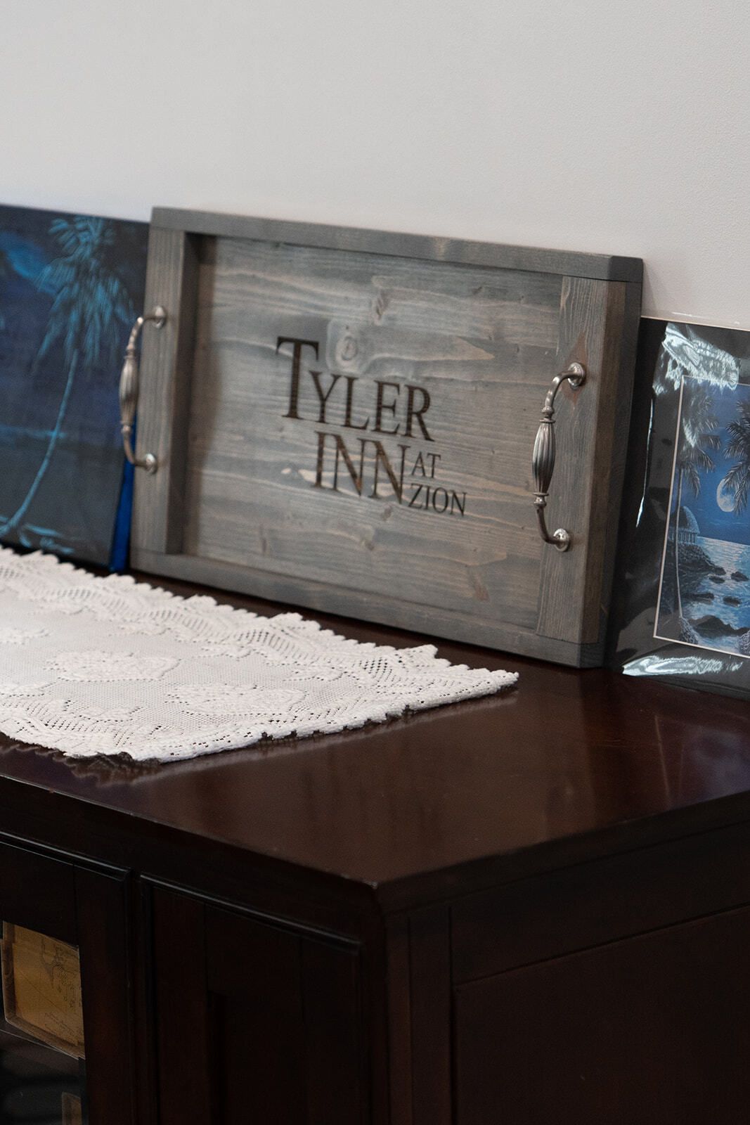 table with logo on wood