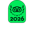Bright green badge with black owl icon and laurel wreath, labeled “2026”