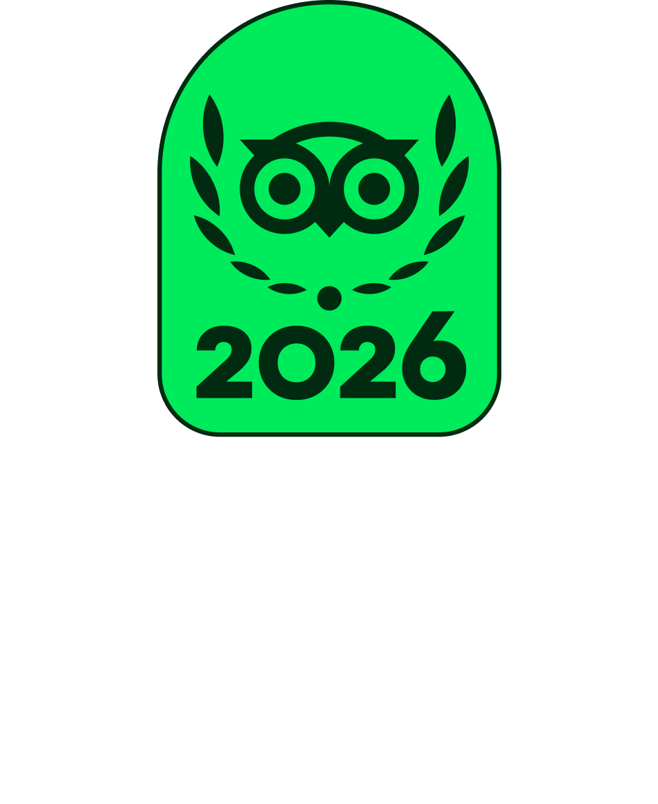 Bright green badge with black owl icon and laurel wreath, labeled “2026”