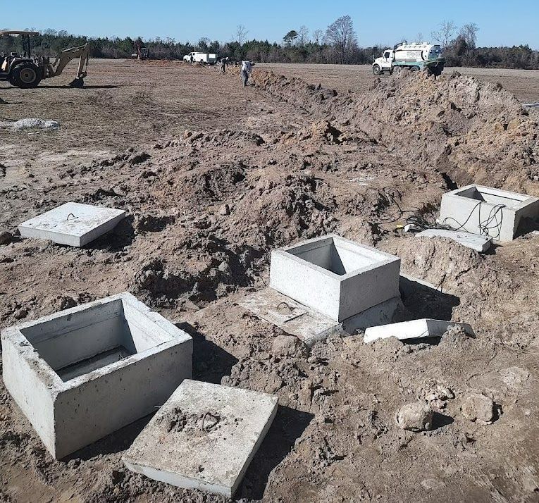 A construction site with concrete blocks in the dirt