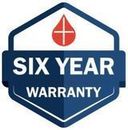 A six year warranty badge with a drop of water on it.