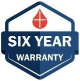 A six year warranty badge with a drop of water on it.