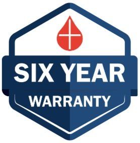 A six year warranty badge with a red cross on it.