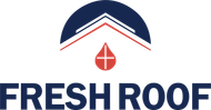 The logo for fresh roof shows a roof with a drop of water on it.